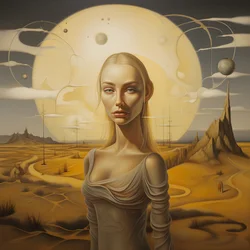 Femme Sami de 35 ans avec un croissant de lune, sourire mystérieux, visage et corps légèrement tournés, longs cheveux blonds 2