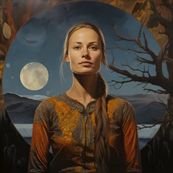 Femme Sami de 35 ans avec un croissant de lune, sourire mystérieux, visage et corps légèrement tournés, longs cheveux blonds 3
