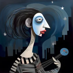 Troubadour femme avec sa guitare sous la lumière de la lune