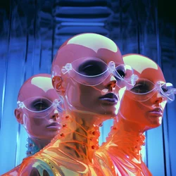 6 femmes avec des masques en plastique fluorescents paramétriques 3D dans une architecture futuriste surréaliste et paramétrique, 1