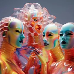 6 femmes avec des masques en plastique fluorescents paramétriques 3D dans une architecture futuriste surréaliste et paramétrique, 2
