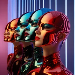 6 femmes avec des masques en plastique fluorescents paramétriques 3D dans une architecture futuriste surréaliste et paramétrique, 3