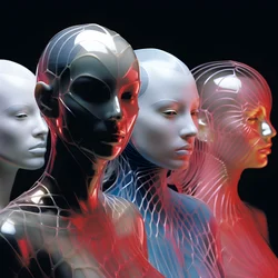 6 femmes avec des masques en plastique fluorescents paramétriques 3D dans une architecture futuriste surréaliste et paramétrique, 4