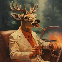 un cerf avec un cigare dans la bouche conduisant une voiture décapotable 2