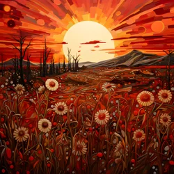 Art paysager abstrait avec un champ de fleurs sauvages et un soleil rouge vif 3