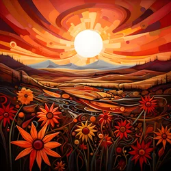 Art paysager abstrait avec un champ de fleurs sauvages et un soleil rouge vif 4
