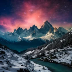 Les sommets enneigés des Alpes brillent comme un arc-en-ciel dans la nuit