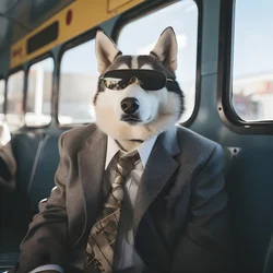 Un chien Husky sibérien en costume et avec des lunettes de soleil à la gare routière, comme un gentleman 2