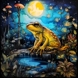 une grenouille jaune dans la forêt, lune, rivière 1