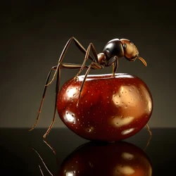 Une fourmi brune grimpe sur une pomme géante 4