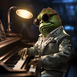 Elton John en grenouille avec lunettes de soleil et piano 1