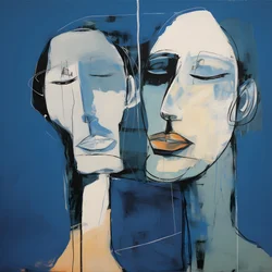 Peinture de deux têtes sur fond bleu 2