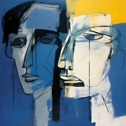 Peinture de deux têtes sur fond bleu 4