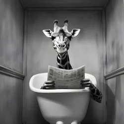 Girafe heureuse assise sur les toilettes avec un journal 1