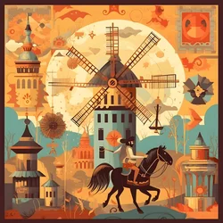 Don Quichotte à droite sur son âne, aussi petit qu