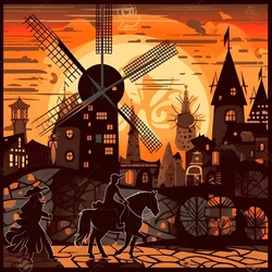 Don Quichotte à droite sur son âne, aussi petit qu
