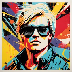 Portrait Pop Art, demi-corps, coloré, graphique, matin, dans le style de Andy Warhol, Roy Lichtenstein, Robert Rauschenberg, Jasper Johns, Keith Haring