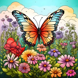 Papillon dans un pré avec une treille de fleurs 1