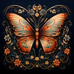 papillon au centre, symétrique, avec des fleurs en arrière-plan 1