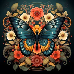 papillon au centre, symétrique, avec des fleurs en arrière-plan 4