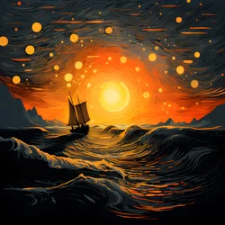 coucher de soleil, soleil orange-jaune, nuages, cinq cercles de nuages tournants dans un grand ciel, vagues ponctuées et nuages de coucher de soleil orange-jaune se reflétant sur les vagues, un bateau part en mer 1