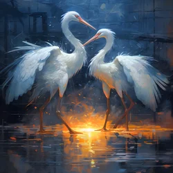 magnifique peinture cinématographique, deux grues s