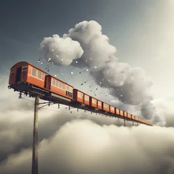 un train de médias sociaux en mouvement rapide volant à travers les nuages suspendu par un fil 1