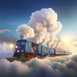 un train de médias sociaux en mouvement rapide volant à travers les nuages suspendu par un fil 2