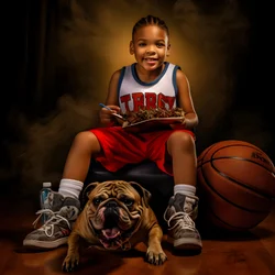 Un garçon de 10 ans tenant un dossier et son chien 1