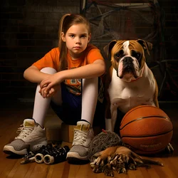 Une fille de 10 ans assise avec son chien tenant un dossier avec l