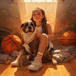 Une fille de 10 ans assise avec son chien tenant un dossier avec l