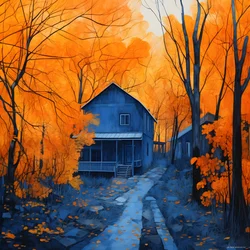 maison bleue dans une forêt orange 2