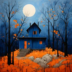 maison bleue dans une forêt orange 3