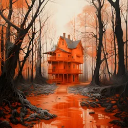 grande maison rouge sur fond bleu 1