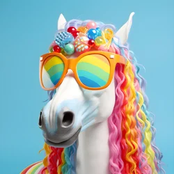 cheval blanc avec lunettes arc-en-ciel sur fond bleu 4