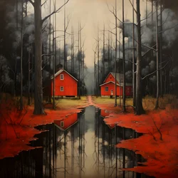 deux maisons rouges dans la forêt 2