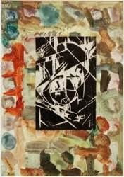 Sans titre (Collage avec gravure sur bois sur peinture abstraite)