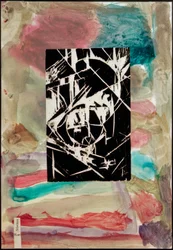 Sans titre (Collage avec gravure sur bois sur peinture abstraite)