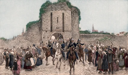 Cavalerie quittant une ville bretonne