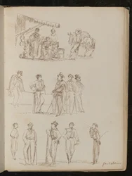 Étal de fruits sous un auvent avec des femmes et un homme fumant, étude de cinq messieurs, étude de cinq soldats étiquetés 