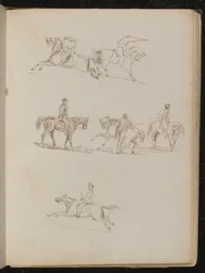 Six études de chevaux avec divers cavaliers masculins dans diverses poses, un avec un pistolet levé
