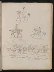 Études de soldats à cheval, la scène de groupe est inscrite 