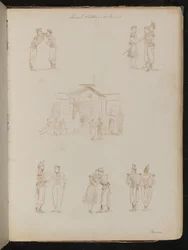 Étude de soldats allumant des cigarettes, trois soldats en conversation, trois études de paires de soldats s