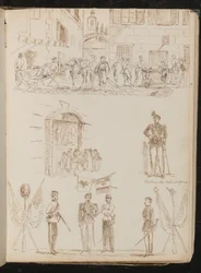 Scène de ville avec des soldats buvant, étude d