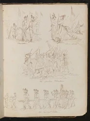 Quatre scènes de bataillon inscrites "Wimbledon", "Down South", "The Yankee Volunteers", "The British Ditto" avec une variété de types de soldats