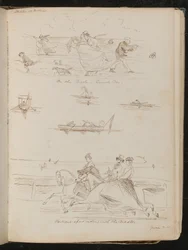 "Sur la Parade, un jour venteux", bateaux avec des excursionnistes, cavaliers inscrits "chevauchant avec le maître"