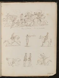 Sept études de batailles de cavalerie, soldats et une femme à cheval