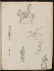 Six études de soldats, un à cheval inscrit "les Bleus", petite étude de cheval de face