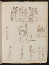 Études de huit soldats inscrites "Soldats piémontais", "un officier volontaire", deux "soldats français à la ligne"