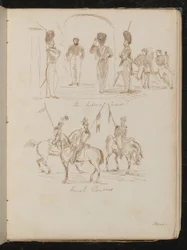 Études de soldats inscrites "Imperial Guards", soldats avec drapeaux à cheval inscrits "French Lancers"